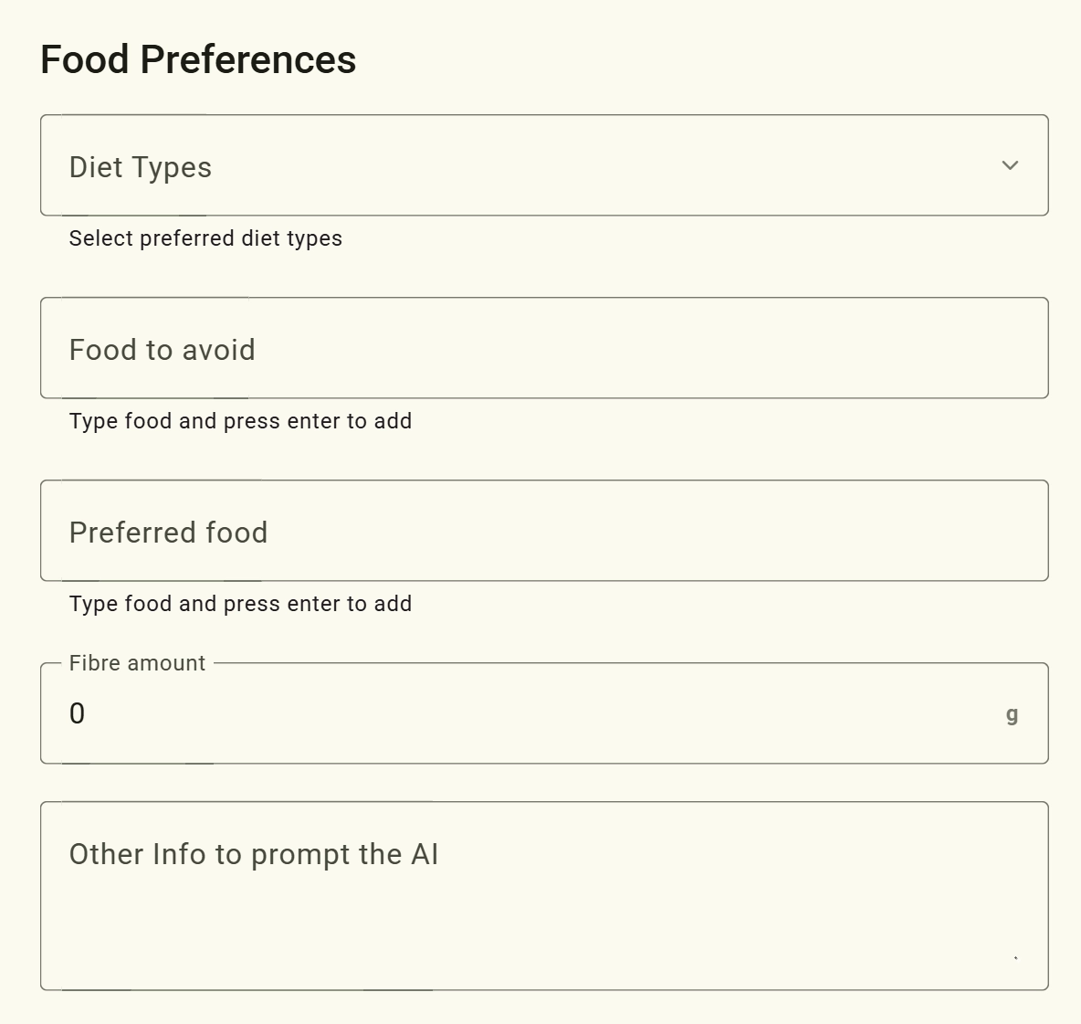 Define Dietary Preferences, Restrictions, and Custom Prompts screenshot